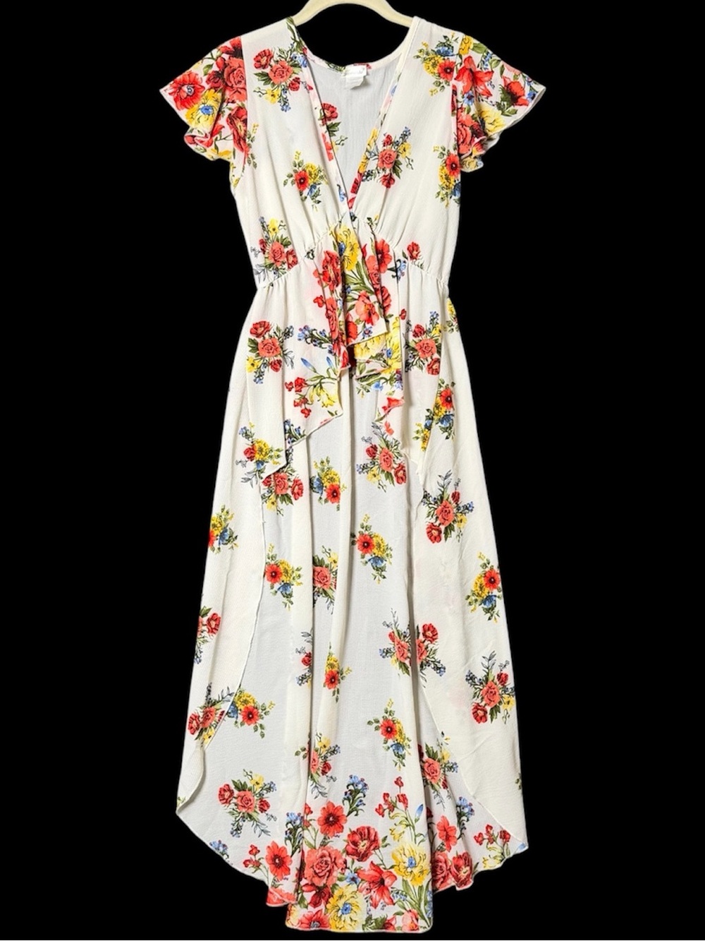 Floral open Front Layer Maxi Dress Ivory with Red & Yellow Blooms Garden Party